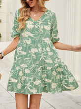 Printed V-Neck Ruffle Hem Mini Dress OutfitFlow